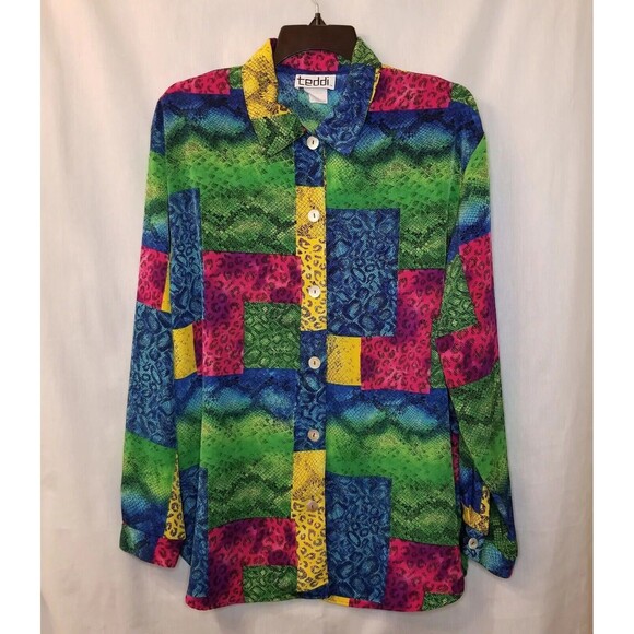 Vintage Teddi Top Shirt Button Up Large Retro 80s 90s Abstract Colorblock - Picture 1 of 8